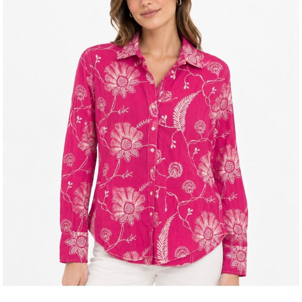 Cino Cotton Button Down Shirt Embroidered Floral Pink Medium